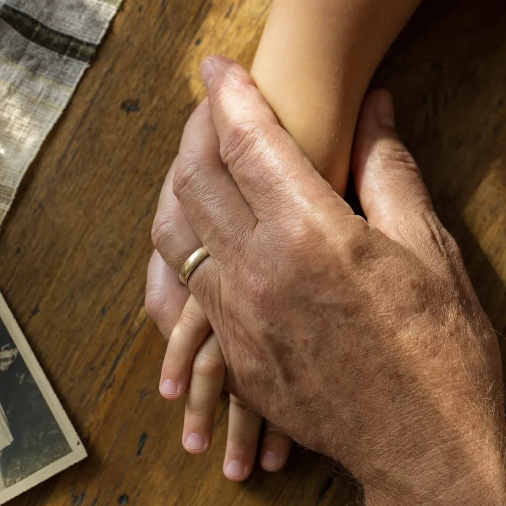 A grandfather's weathered hand cradling a small grandchild's hand on a wooden table, warm light
