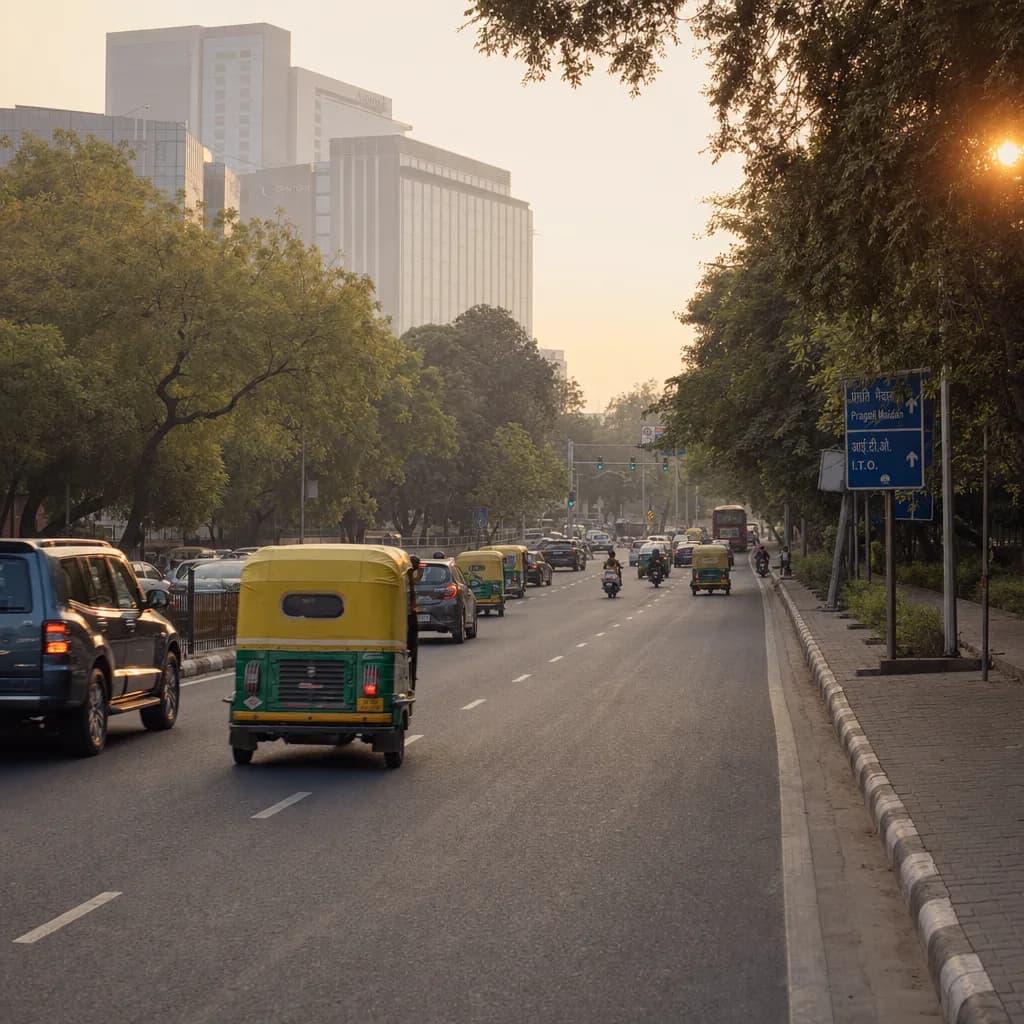 An Indian city street at golden hour with auto rickshaws and tree-lined boulevard