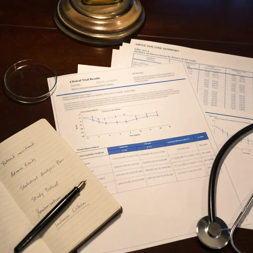 Clinical trial documents and graphs on a desk with a stethoscope