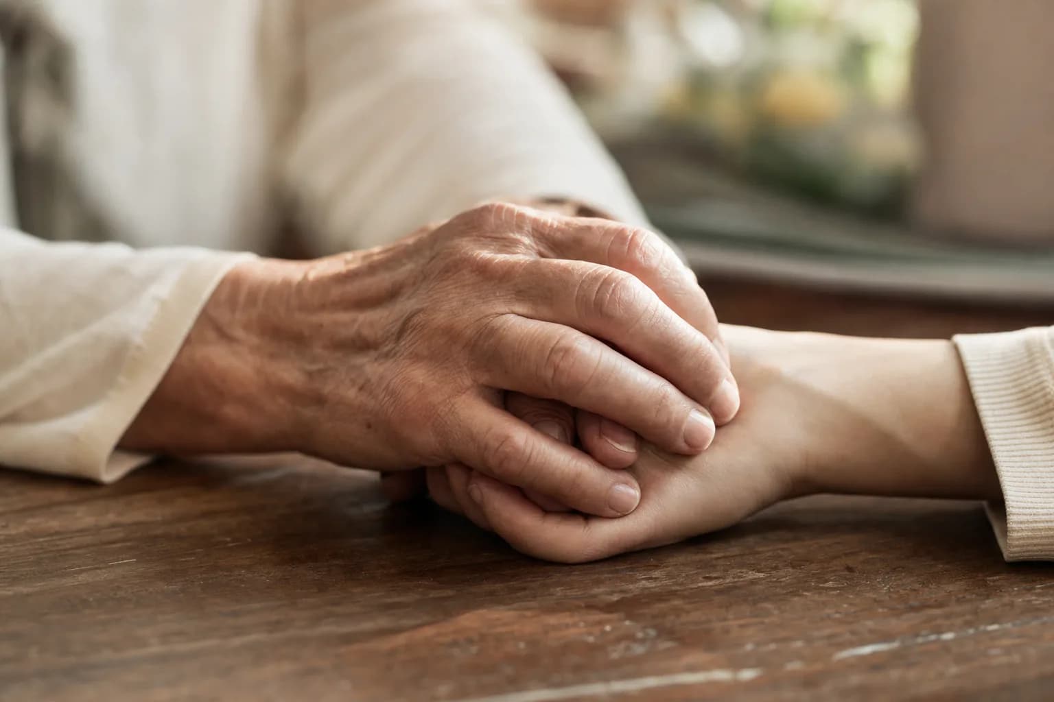Two hands gently clasped together on a wooden surface in warm light