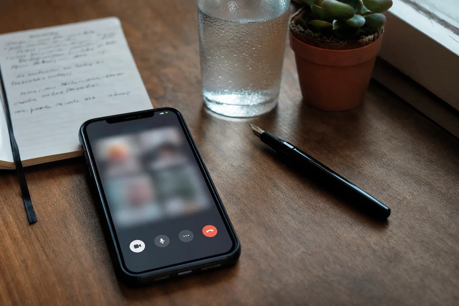 A smartphone on a wooden desk showing a video call interface, beside a notebook and pen - preparing for a patient navigator conversation