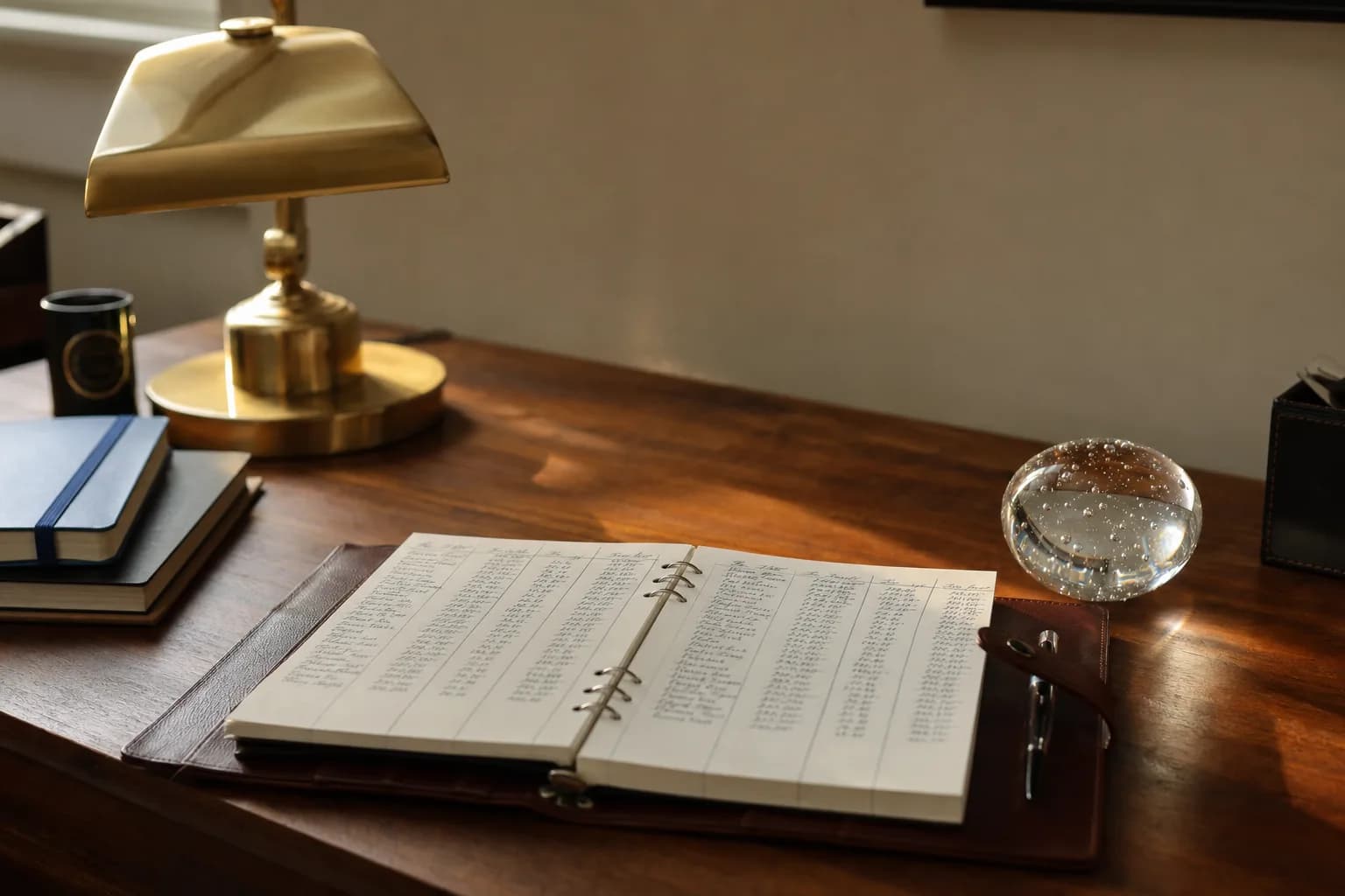 Clean wood desk with a planner, brass lamp, and glass paperweight in warm light