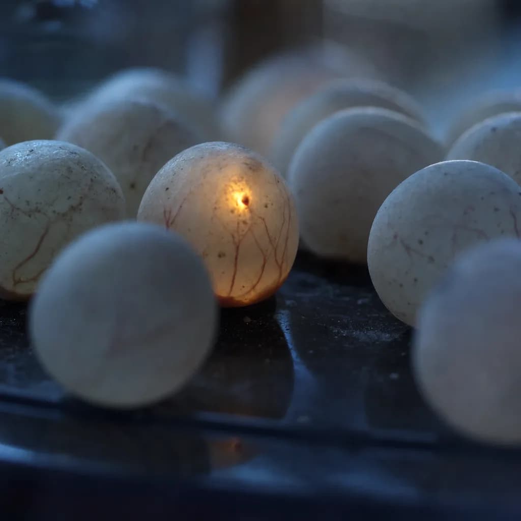 A single cell glowing warmly from within at one spot - the glow contained tightly, surrounding cells unaffected