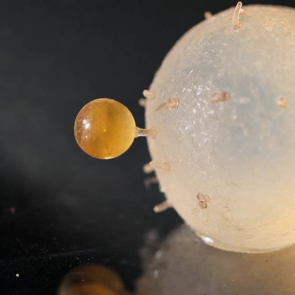 A single amber-colored targeting molecule precisely aligning toward one specific docking point on a translucent cell