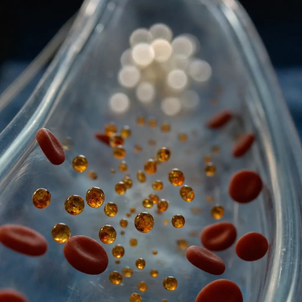 Amber Lutetium molecules flowing through a blood vessel past red blood cells, heading toward target cancer cells visible in the distance