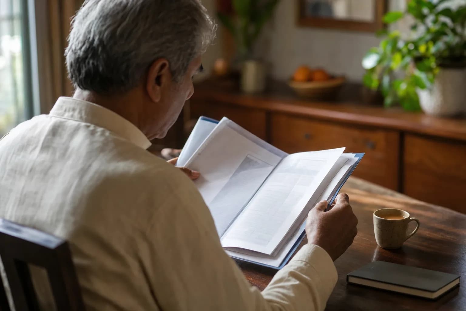 Older patient reviewing medical documents at a wooden desk in soft afternoon light
