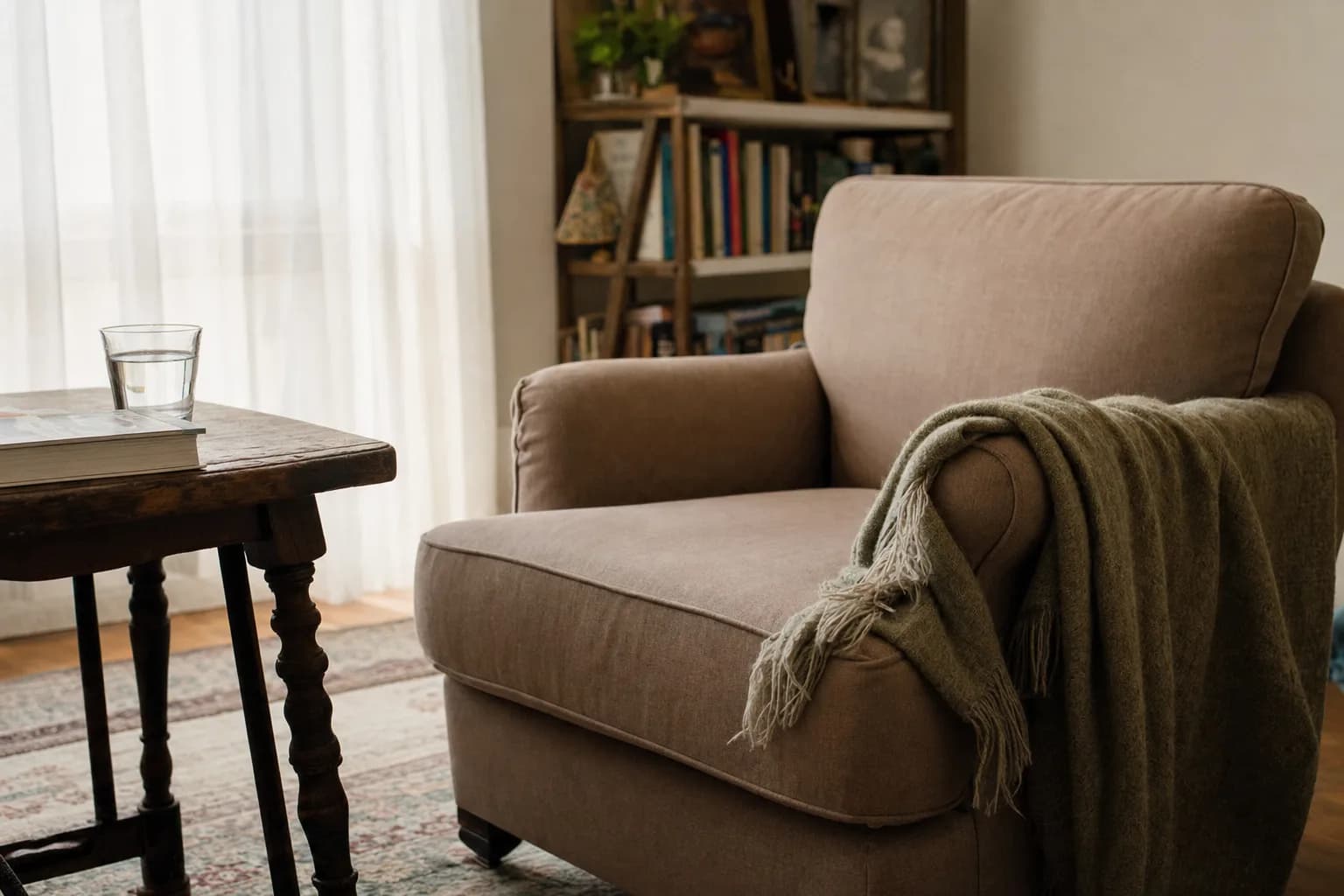 Quiet home living room with a comfortable armchair and afternoon light