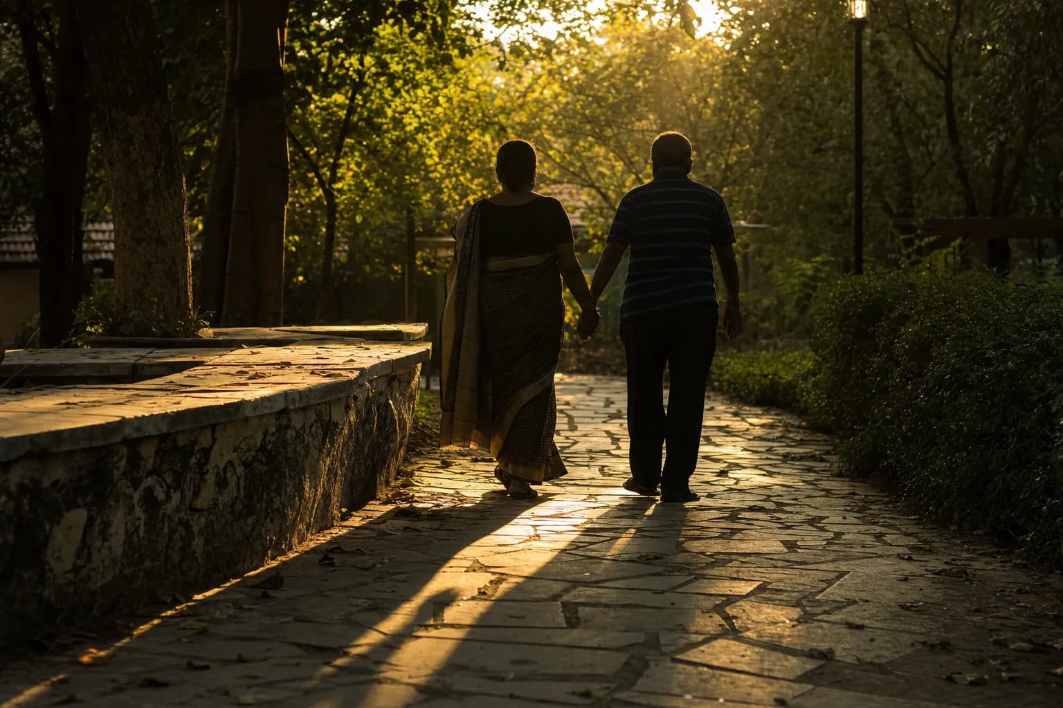 Older couple walking together through a garden at sunset, silhouetted from behind