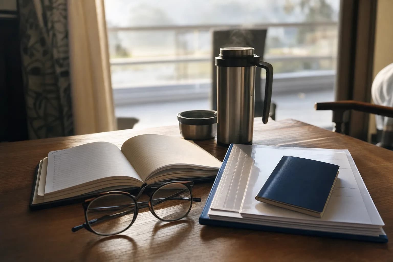 Notebook, thermos, passport and medical documents arranged for travel