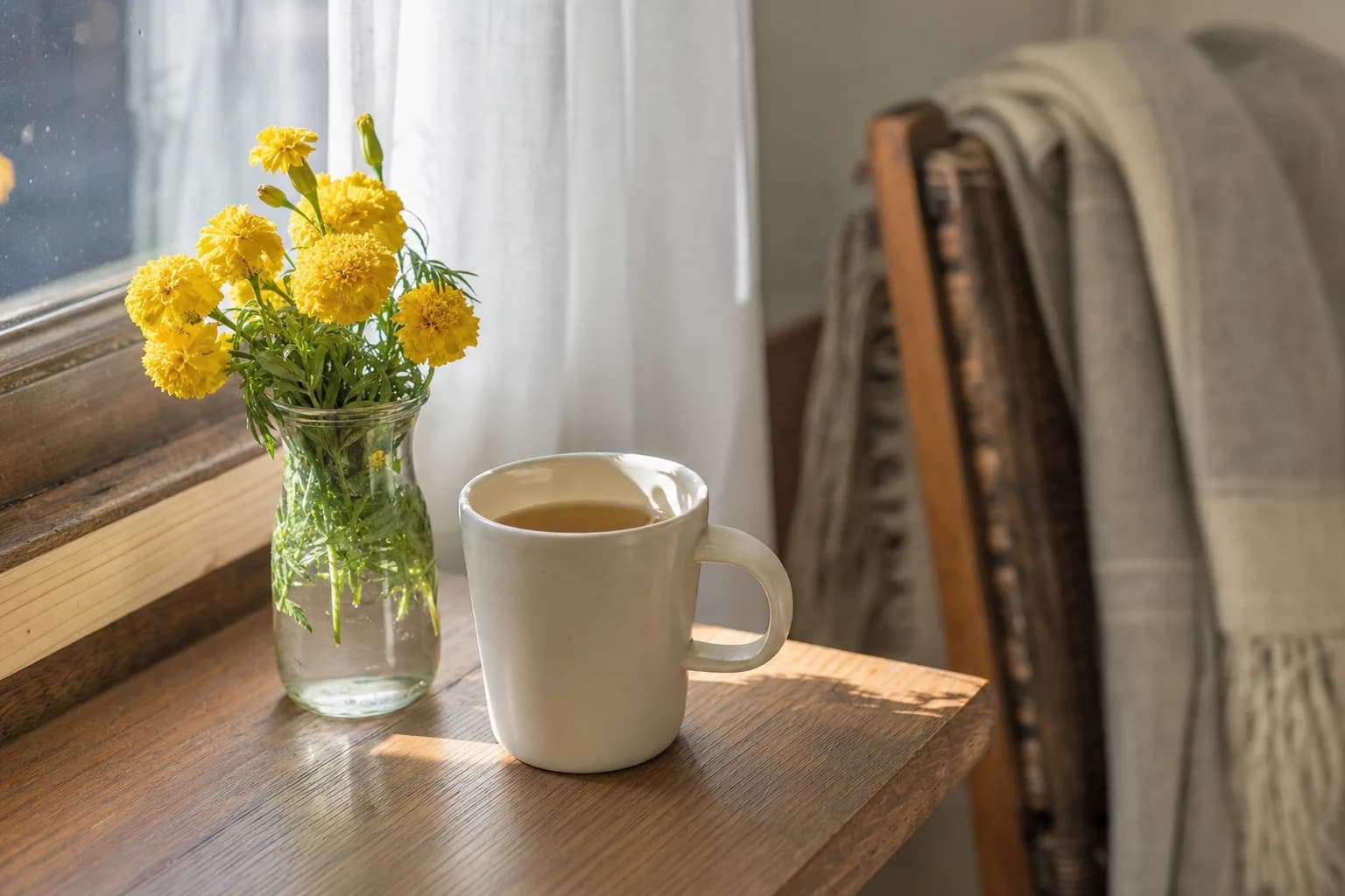Peaceful home morning with a cup of tea by a sunlit window and fresh marigolds