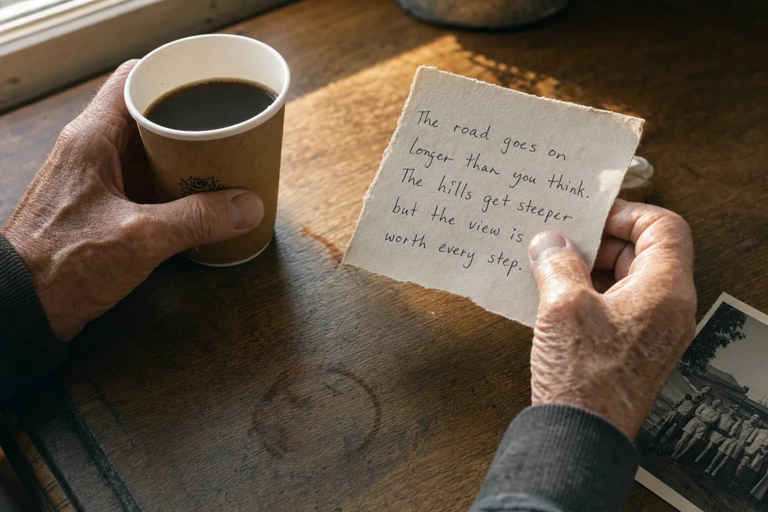 An older patient's hands holding a handwritten letter and a paper coffee cup - a quiet moment of reflection on the journey