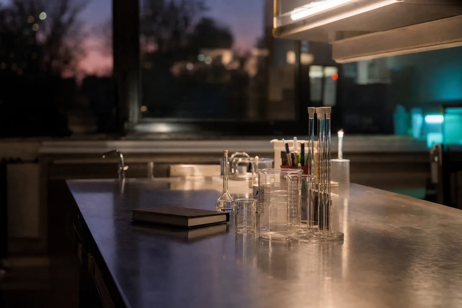 Research laboratory bench at twilight with glass beakers and pipettes