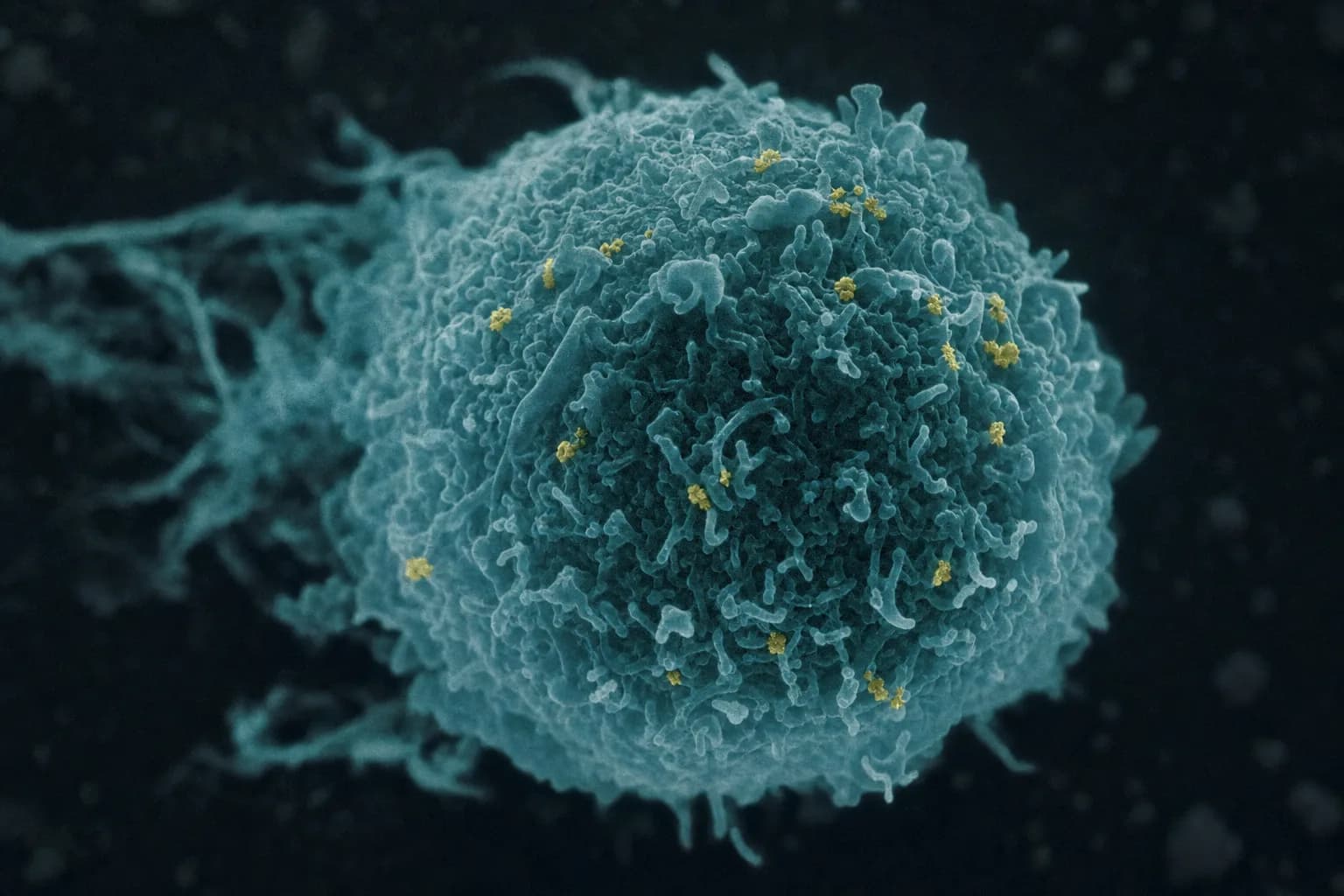Microscopy view of a neuroendocrine tumor cell with bound targeting molecules visible as small gold particles on its surface