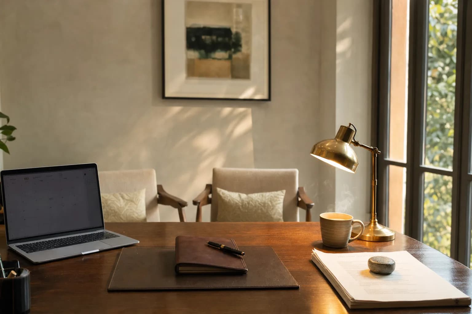 A welcoming consultation room with chai, notepad, and warm afternoon light - where patient journeys begin