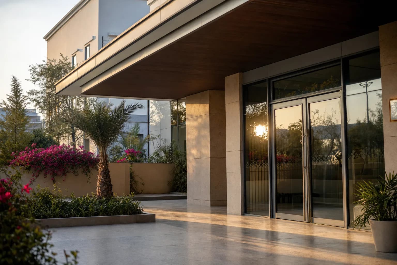 Exterior entrance of our modern Lutetium therapy center in India at golden hour