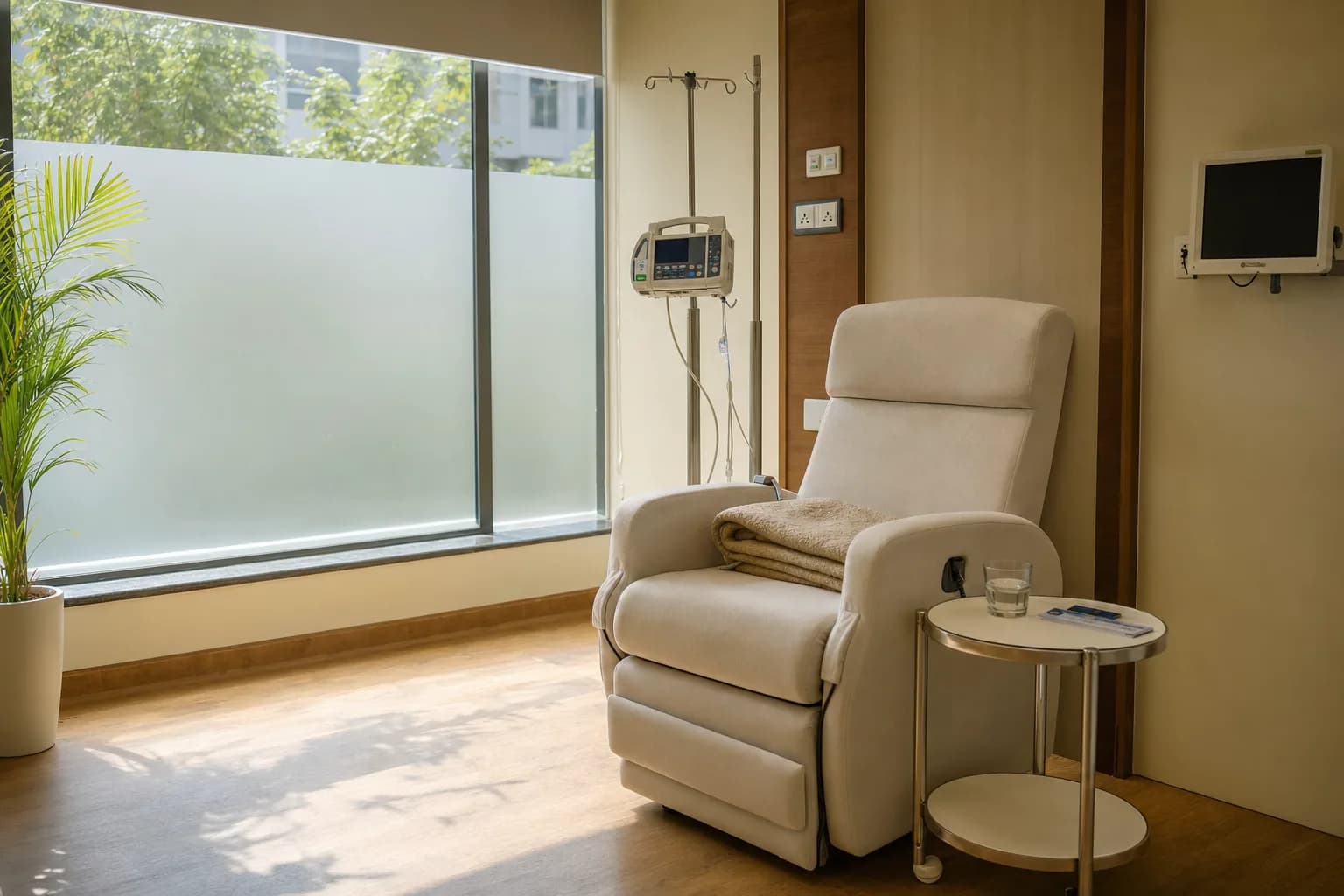 One of our private infusion suites - comfortable recliner, IV stand, soft afternoon light through a frosted window